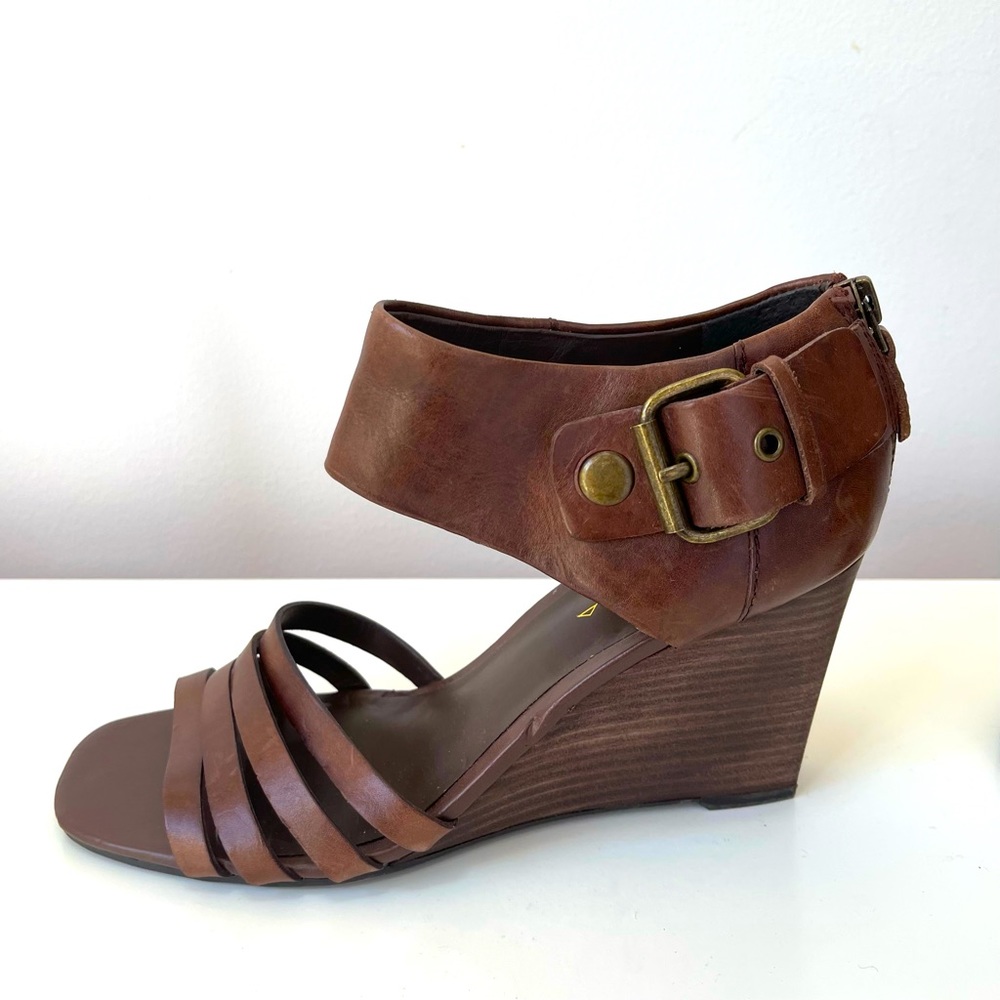 VIA SPIGA BROWN LEATHER WEDGE SANDALS - Picture 1 of 12